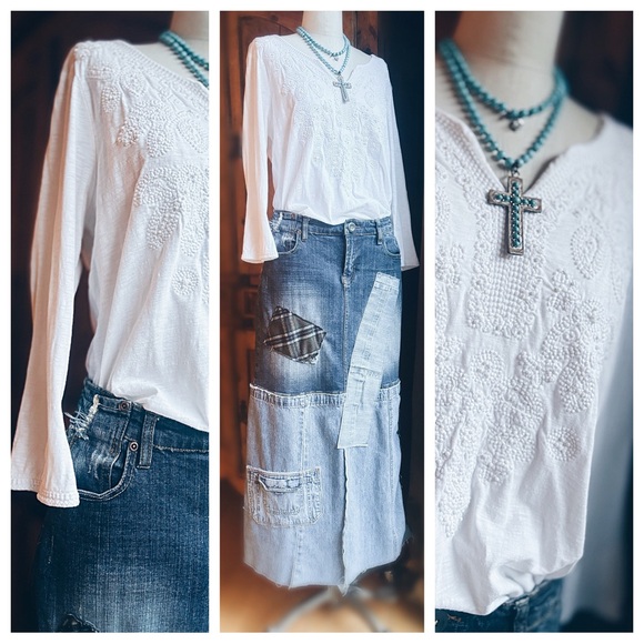 Skirt Maxi  Denim ALL PATCHED DENIM MAXI & BEADED TOP - Picture 2 of 15